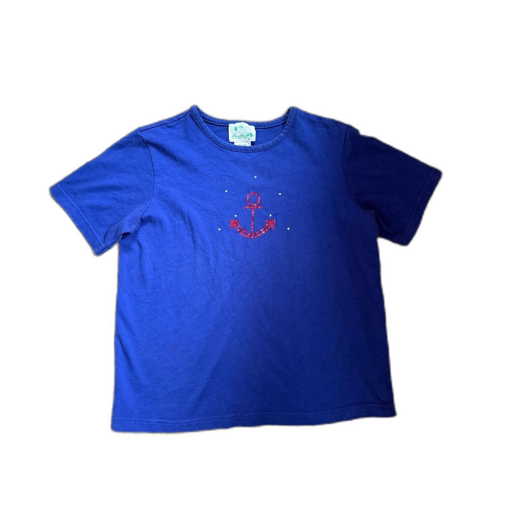 Quacker Factory Blue Short Sleeve Anchor Top Rhinestone Nautical Medium